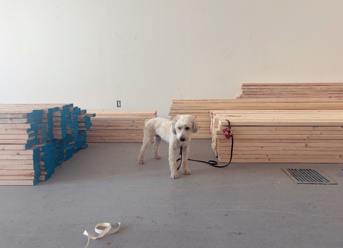 Bonnie standing between stacks of lumber at a construction site.